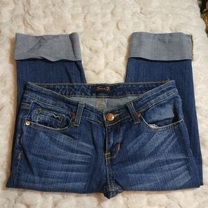Womens Seven7 Dark Wash Distressed Blue Denim Capris Size 4